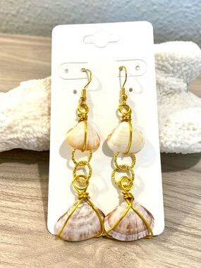 2. Gold Wire-Wrapped Cabo San Lucas, Mexico Seashell Drop Earrings